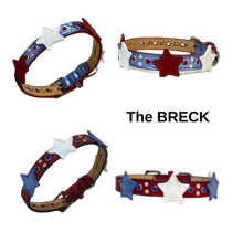 Load image into Gallery viewer, Breck Leather Star Dog Collar with 4 Crystals Between Stars Product vendor