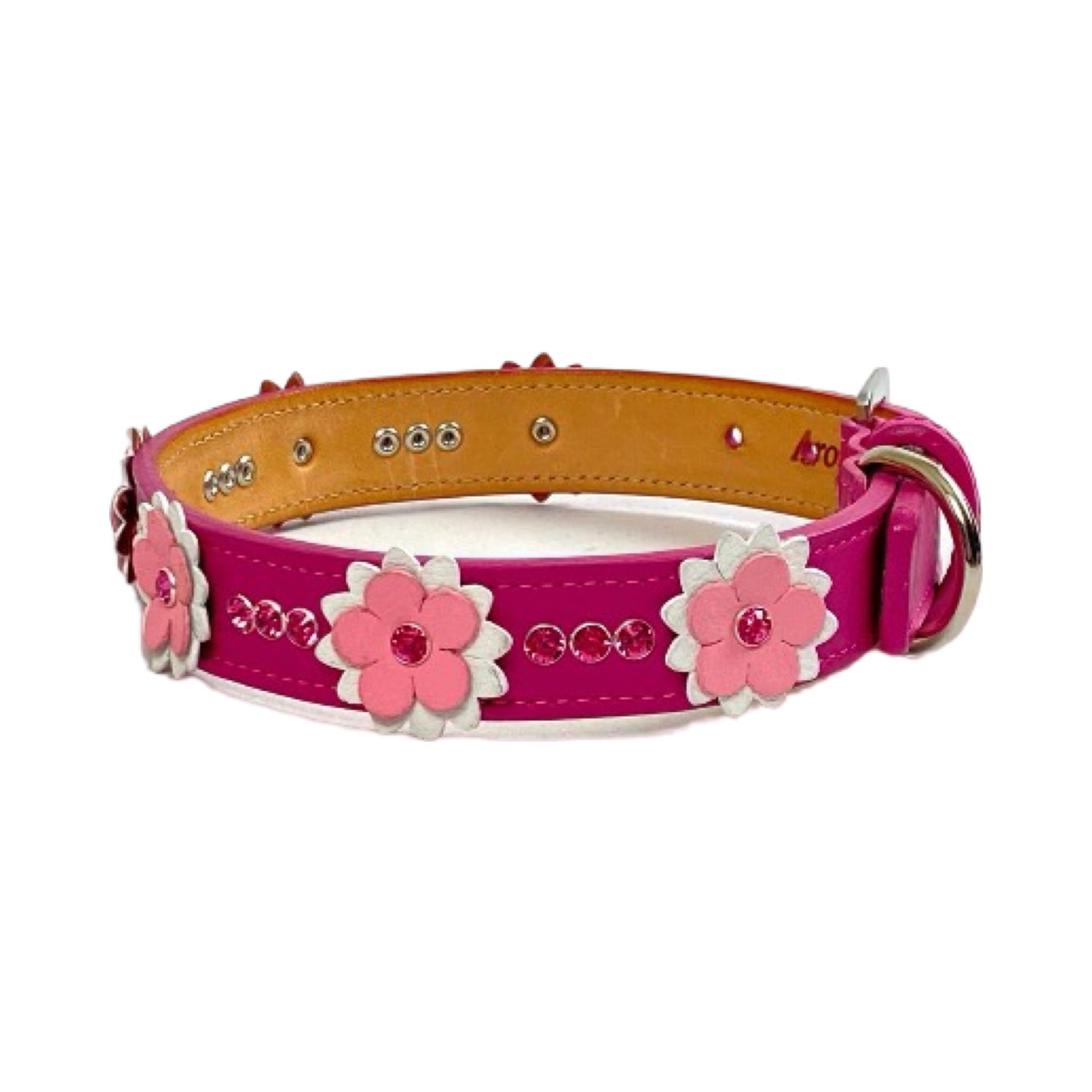Rumi Flower Leather Dog Collar with 3 Crystals between Flower
