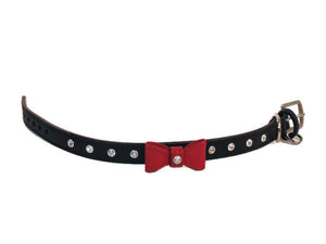 Brie Bow Leather Collar with Swarovski Crystals on Bow Loop and Strap - Around The Collar NY