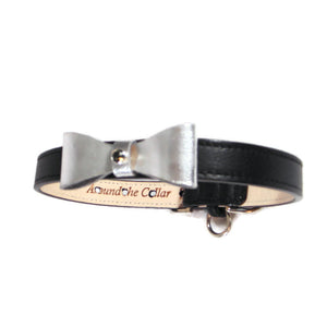 Leather Bow Dog  Collar with Swarovski Crystal on Loop - Around The Collar NY