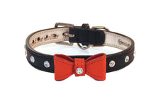 Load image into Gallery viewer, Brie Small or Medium Size Bow Leather Collar with Austrian Crystals on Collar & Loop Product vendor