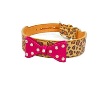 Load image into Gallery viewer, Wider Large Leather Bow Dog Collar in Leopard and Crystals on Large Bow