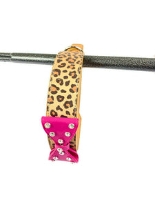 Wider Large Leather Bow Dog Collar in Leopard and Crystals on Large Bow