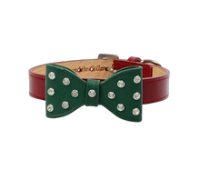 Load image into Gallery viewer, Bow Leather Christmas Dog Collar with Crystals on Large Bow