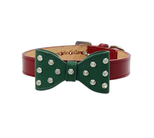 Load image into Gallery viewer, Bow Leather Christmas Dog Collar with Crystals on Large Bow Product vendor
