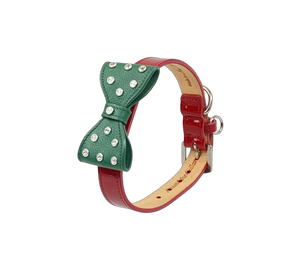 Bow Leather Christmas Dog Collar with Crystals on Large Bow