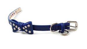 Bow Dog Leather Collar with Small Clear Crystals on Bow