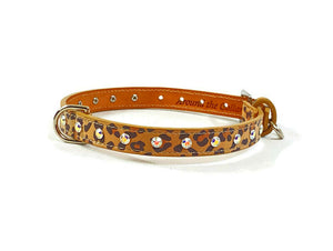 Leopard Brie Leather Dog Collar with AB Crystals