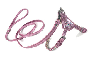 Pink Metallic Leather Step-in Dog Harness w-Clear Crystal Bling