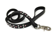 Load image into Gallery viewer, Callie leather dog leash with crystal cluster by Around the Collar Black with Clear &amp; Rose