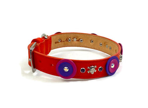 Brady Double Disc Leather Dog Collar with Skull Heads & Austrian Crystals