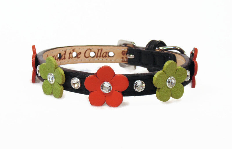 Ellie Multi Color Flower Leather Dog Collar with Crystals on Flower & Strap