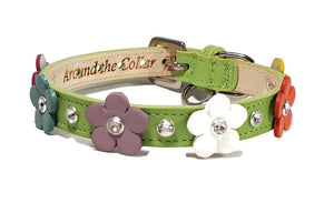 Ellie Multi Color Flower Leather Dog Collar with Crystals on Flower & Strap