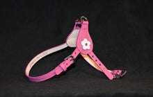Load image into Gallery viewer, Ellie leather flower stepin harness in magenta white and rose crystal