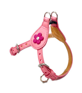 Ellie flower leathr step-in dog harness. Pink Tulip w/Magenta Clear Crystal