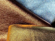 Cargar imagen en el visor de la galería, Gold Bronze Blue Metallic Leather for dog collars, leashes, harnesses and carriers. Poop bag holder too