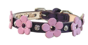 Ellie Flower Leather Dog Collar-Bevel Set Crystals on Flower & Strap - Around The Collar NY