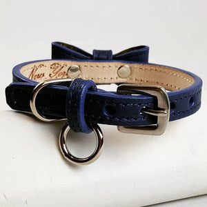 Bow Dog Leather Collar with Small Clear Crystals on Bow
