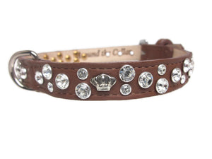 Bella luggage leather dog collar with crystals & crowns by Around the Collar