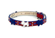Load image into Gallery viewer, Leather Malka dog collar with dogs and crystals. Americana theme colors in royal, white and red by Around the Collar