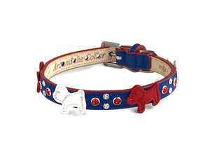 Malka leather dog collar with leather dogs and crystal bling. Patriotic in royal red and white