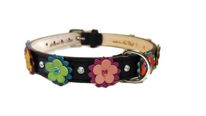 Penelope Multi Color Flower Leather Dog Collar with Crystals on Flower and Collar - Around The Collar NY