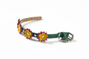 Penelope flower leather dog collar. Leather colors kelly green with magenta and yellow. Aurora Borealis crystals by Around the Collar