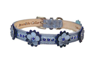Rumi leather flower collar with 3 Swarovski crystals on strap between flowers and on flower - Around The Collar NY