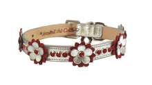 Load image into Gallery viewer, Rumi leather flower collar with 3 Swarovski crystals on strap between flowers and on flower - Around The Collar NY