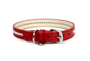 Red leather Shanti dog collar with clear blingy crystals. Custom made in New York by Around the Collar