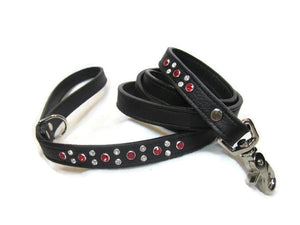 Stella Leather dog leash in black clear & ruby cluster