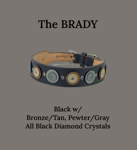 Brady Double Disc Wider Leather Dog Collar with Crystals on Disc and Collar