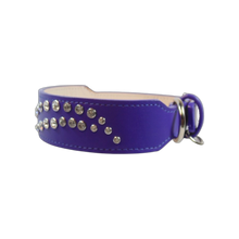 Load image into Gallery viewer, Carmel purple leather dog collar with double swirl of crystals by Around the Collar
