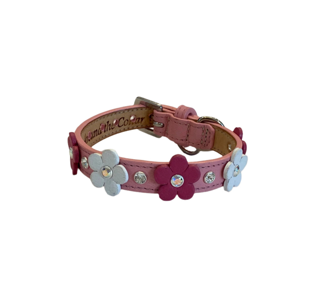 Ellie flower pink tuip leather dog collar with crystals