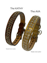 Load image into Gallery viewer, Ava 2 rows crystals in black &amp; gold leather dog collar
