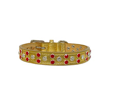 Load image into Gallery viewer, Gold Leather Callie Dog Collar with Ruby &amp; Clear Crystal Cluster of Stones
