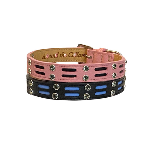 Huck Leather Dog Collar with Double Row Inserts & Double Row Austrian Crystals