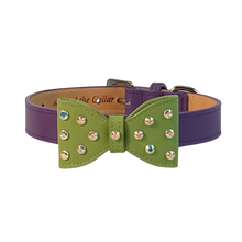 Load image into Gallery viewer, Leather Bow dog collar in purple w-Mint AB stones