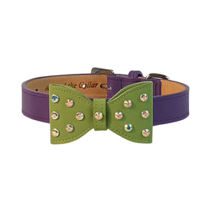 Leather Bow dog collar in purple w-Mint AB stones