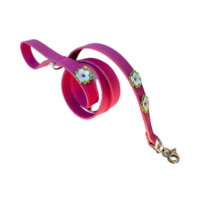 Penelope  Flower Leather Leash with 3 Flowers and Austrian Crystal on Flower
