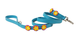Penelope Flower Leather Dog Leash with 5 Flowers and Crystals on Flower & Strap