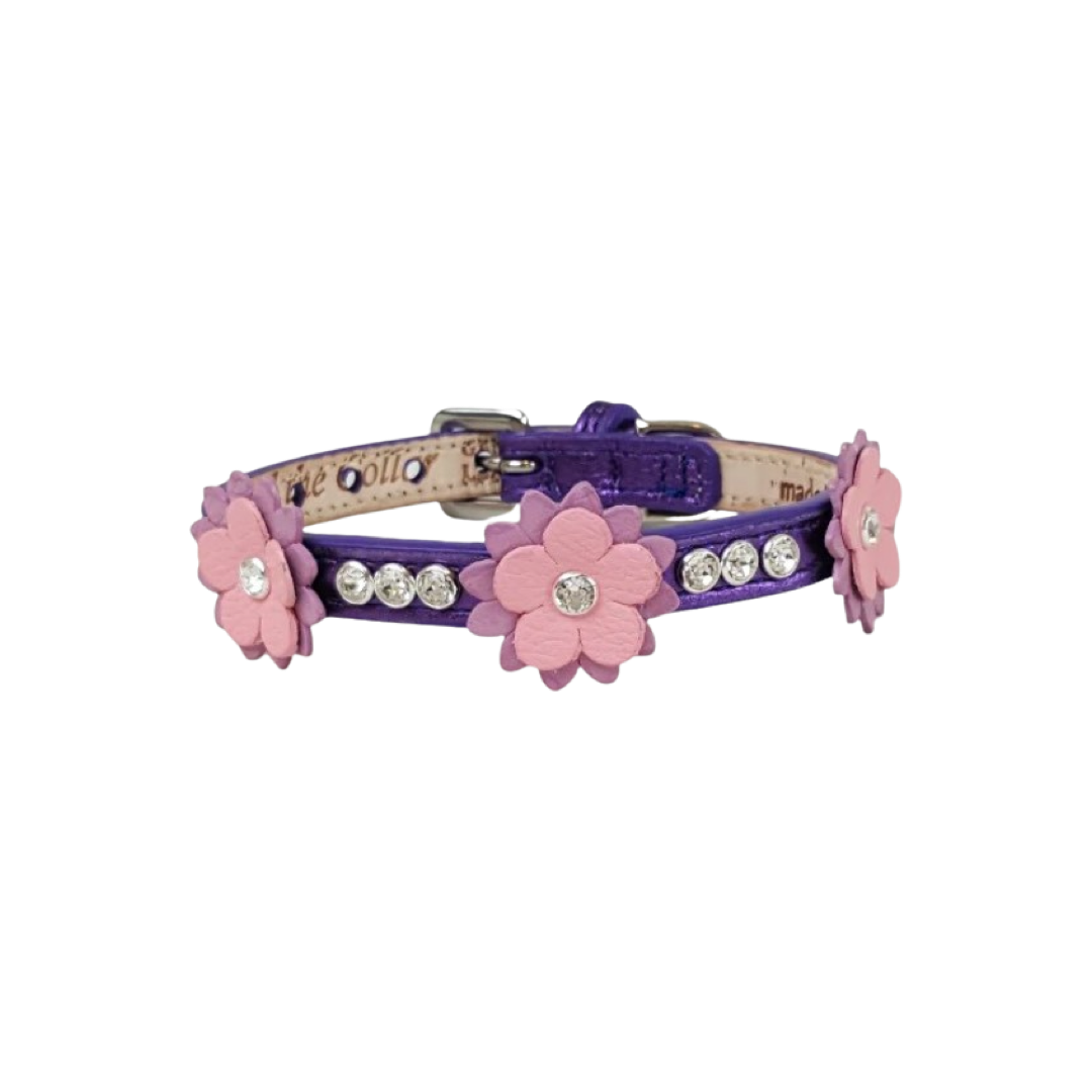 Rumi Flower Leather Dog Collar with 3 Crystals between Flower