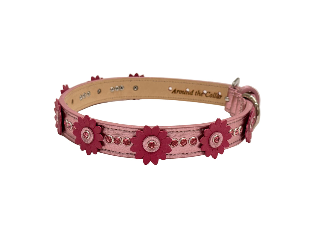 Remi Flower Dog Collar in pink metallic & magenta Rose