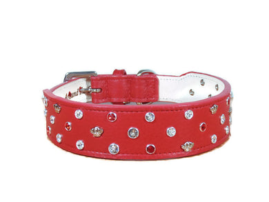 Bella Leather Wide Dog Collar with Austrian Crystals & Nickel Crowns
