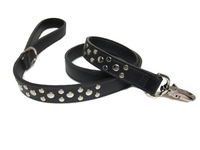 Bells Leather Leash with Nickel Stud Cluster - Around The Collar NY
