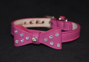 Leather Bow Dog Collar with Small Crystals on Bow - Around The Collar NY