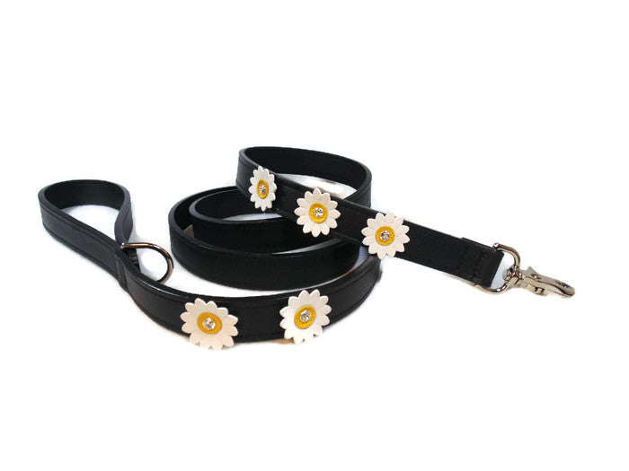 Maci Leather 5 Flower Leash with Swarovski Crystal on Flower - Around The Collar NY