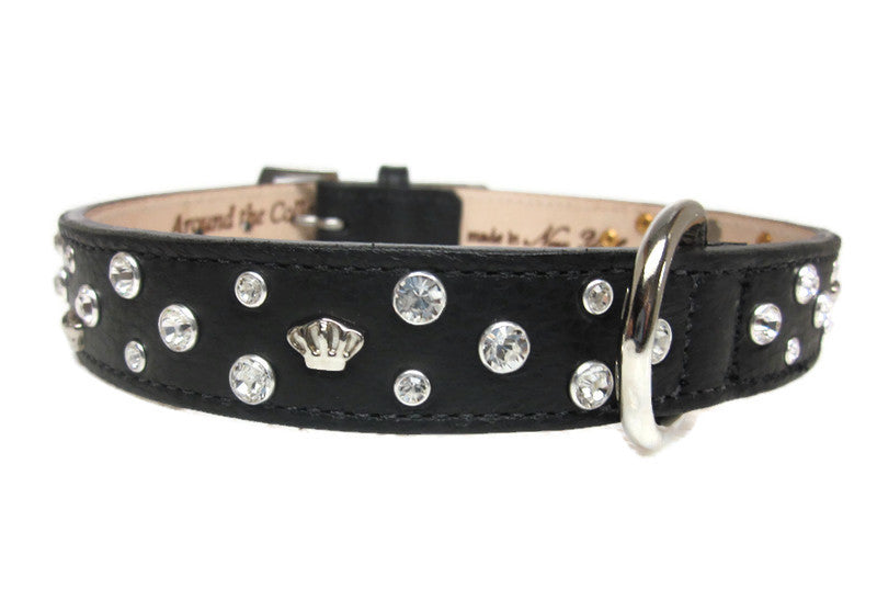 Bella Leather Dog Collar with Jewels and Crowns Cluster