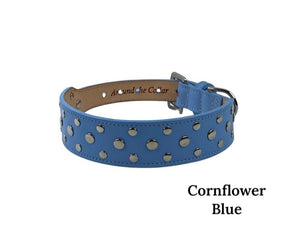 Bells dog collar with nickel studs in cornflower blue leather. Custom Made in NY