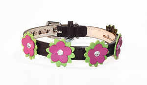 Penelope Leather Dog Collar with Crystal on Flower - Around The Collar NY